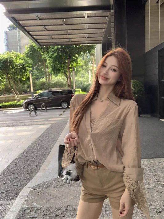 柔玉小姐 蕾丝拼接假两件衬衫上衣 Miss Rouyu Lace Patchwork Layered-Look Blouse