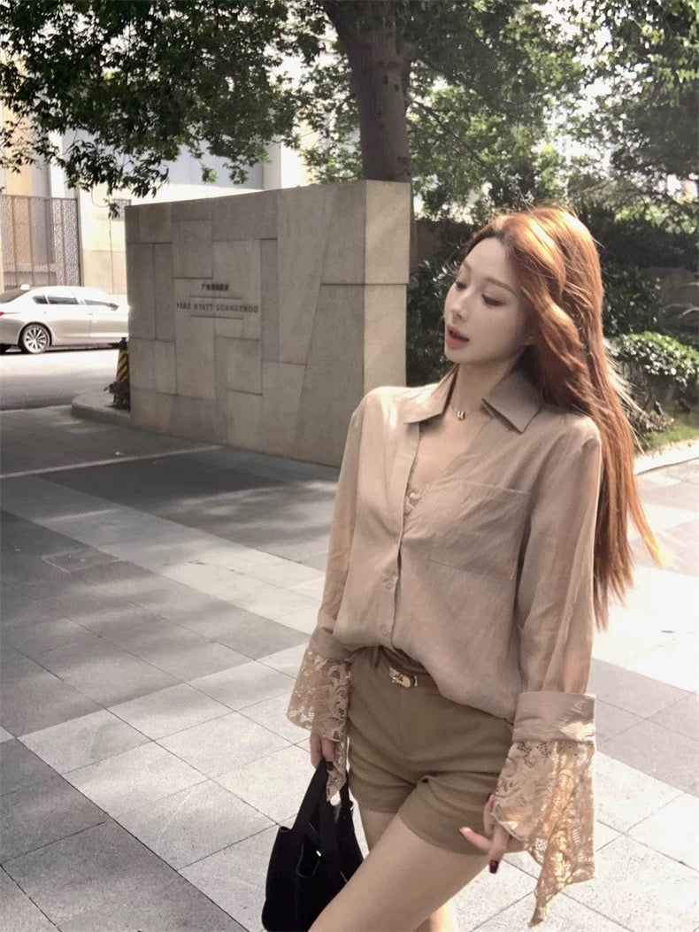柔玉小姐 蕾丝拼接假两件衬衫上衣 Miss Rouyu Lace Patchwork Layered-Look Blouse