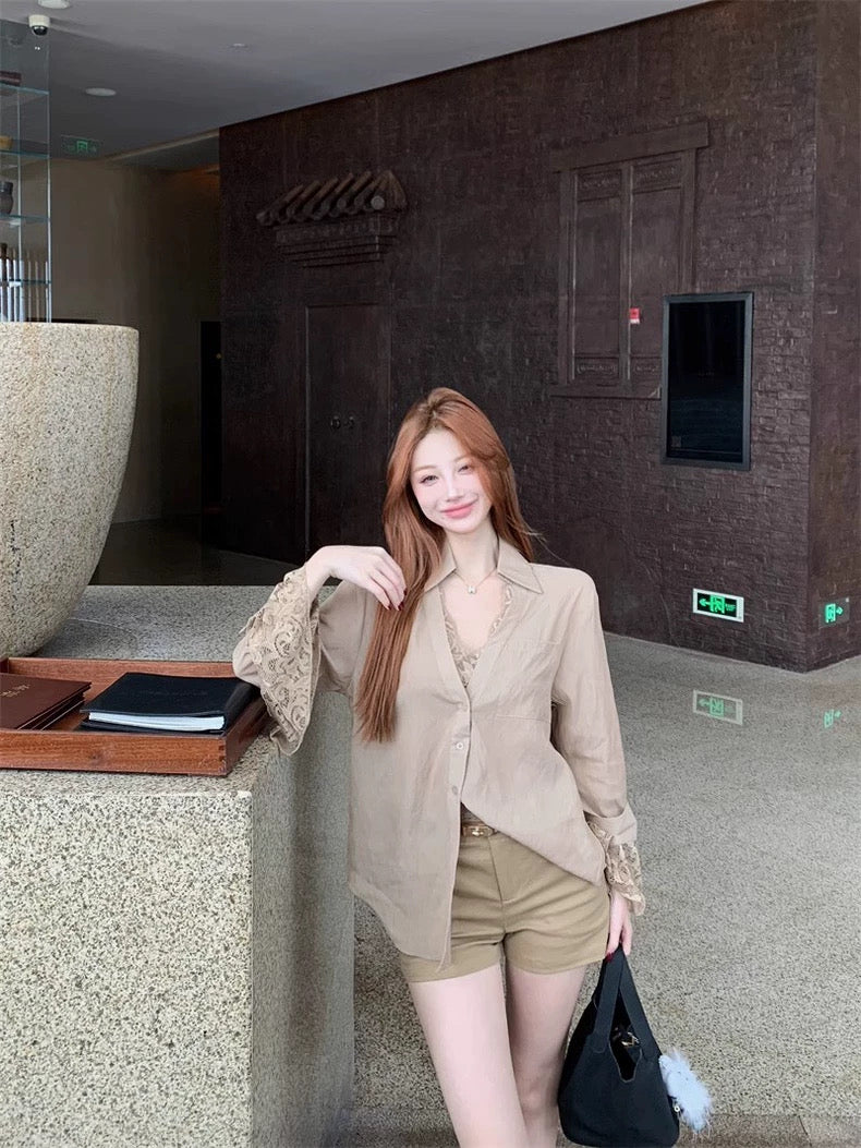 柔玉小姐 蕾丝拼接假两件衬衫上衣 Miss Rouyu Lace Patchwork Layered-Look Blouse