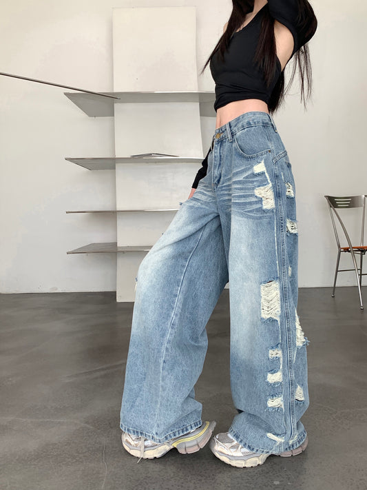 破格有型 破洞直筒牛仔低腰长裤 Rebel Style Low-Rise Straight-Leg Distressed Jeans