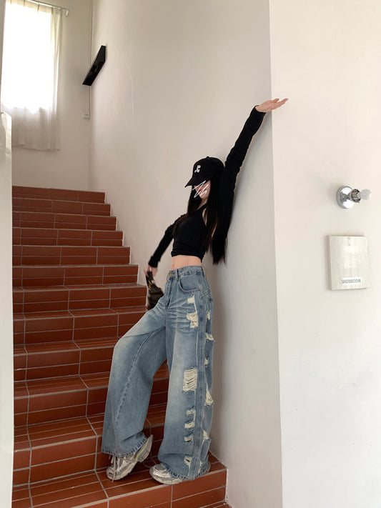 破格有型 破洞直筒牛仔低腰长裤 Rebel Style Low-Rise Straight-Leg Distressed Jeans