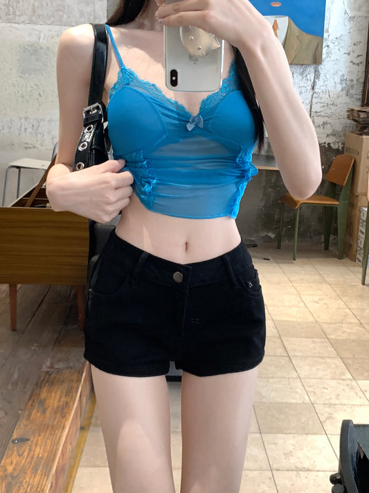 热烈少女 黑色低腰辣妹弹力牛仔短裤 Fierce Girl Black Low-Rise Stretch Denim Shorts
