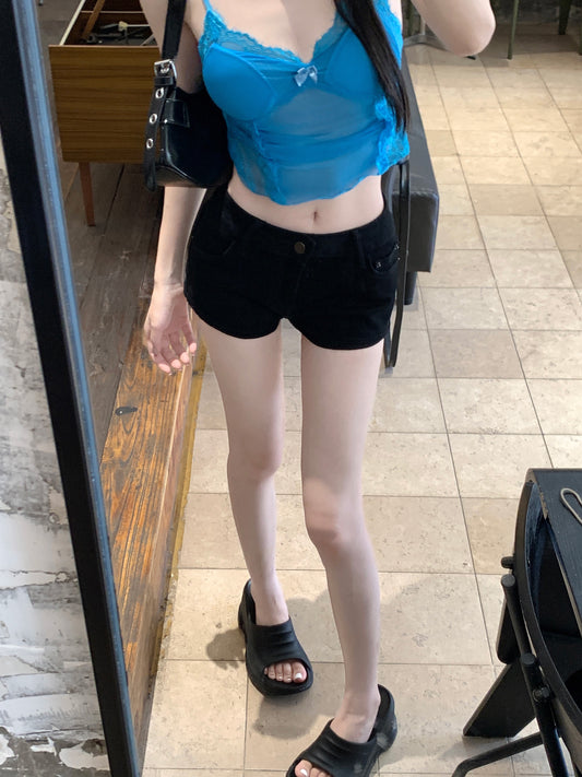 热烈少女 黑色低腰辣妹弹力牛仔短裤 Fierce Girl Black Low-Rise Stretch Denim Shorts