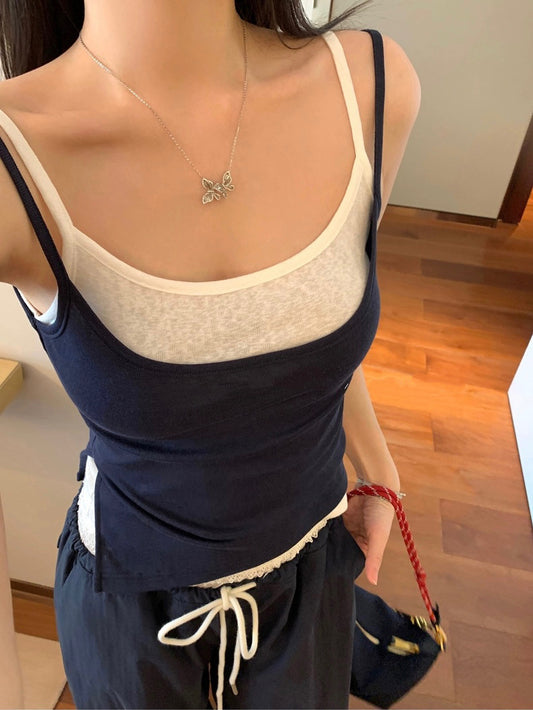 生活小调 假两件叠穿撞色吊带上衣 Everyday Melody Contrast-Layered Two-in-One Camisole Top