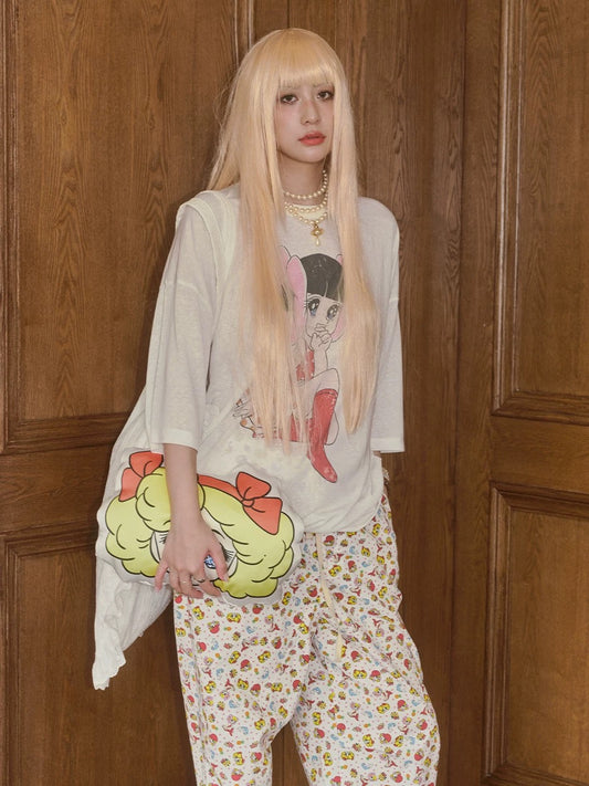 妞妞粉爱 雪花棉罩衫印花半袖t恤 Niuniu Love Snow Cotton Printed Overlay Half-Sleeve T-Shirt