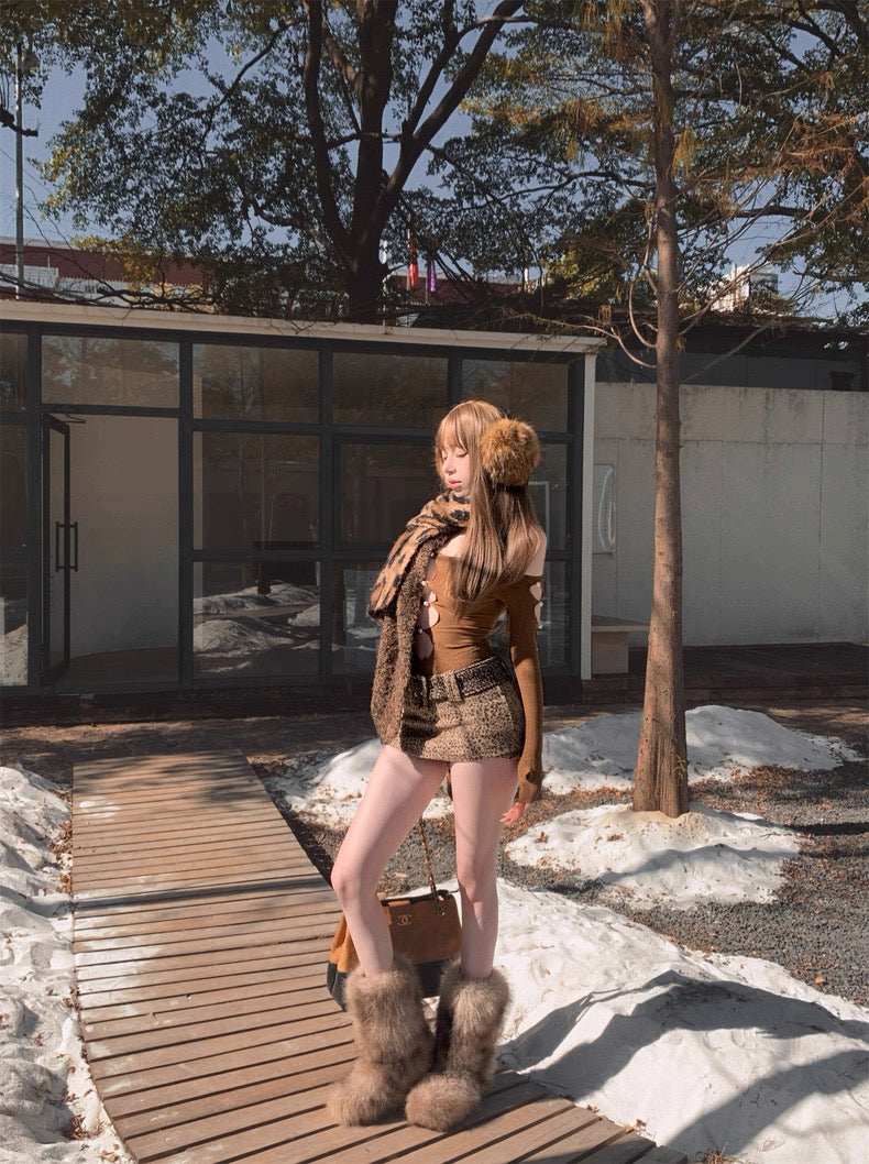 四季野性 美式咖色豹纹半身裙 Four Seasons Edit · American Coffee Leopard Print Midi Skirt