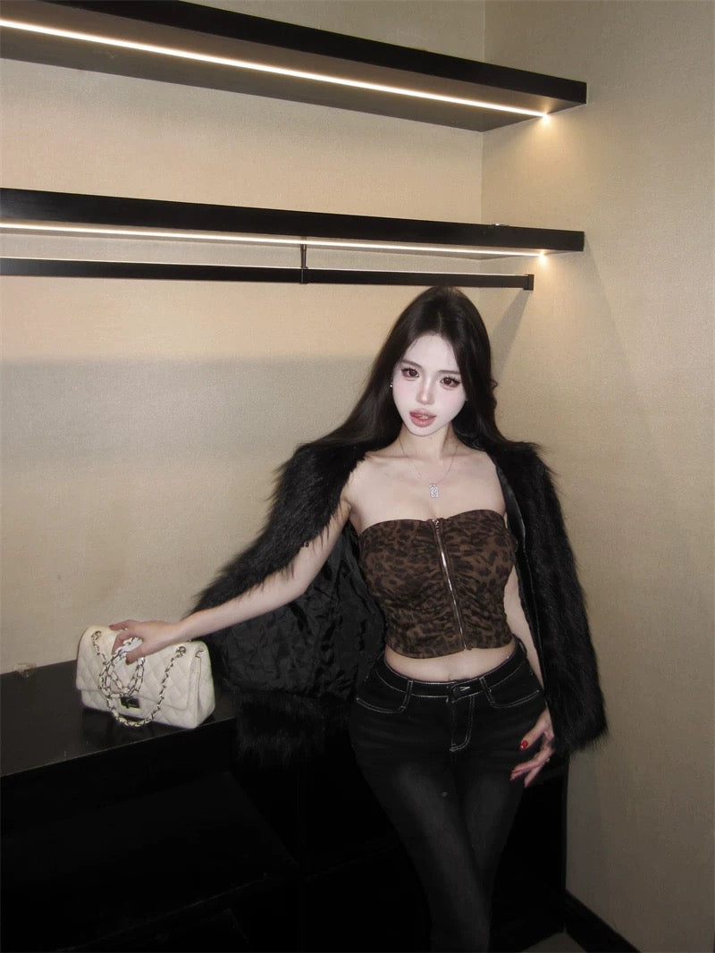 冬藏温柔 美式豹纹性感抹胸裹胸内搭上衣 Winter Softness · American Leopard Print Sexy Strapless Bandeau Top