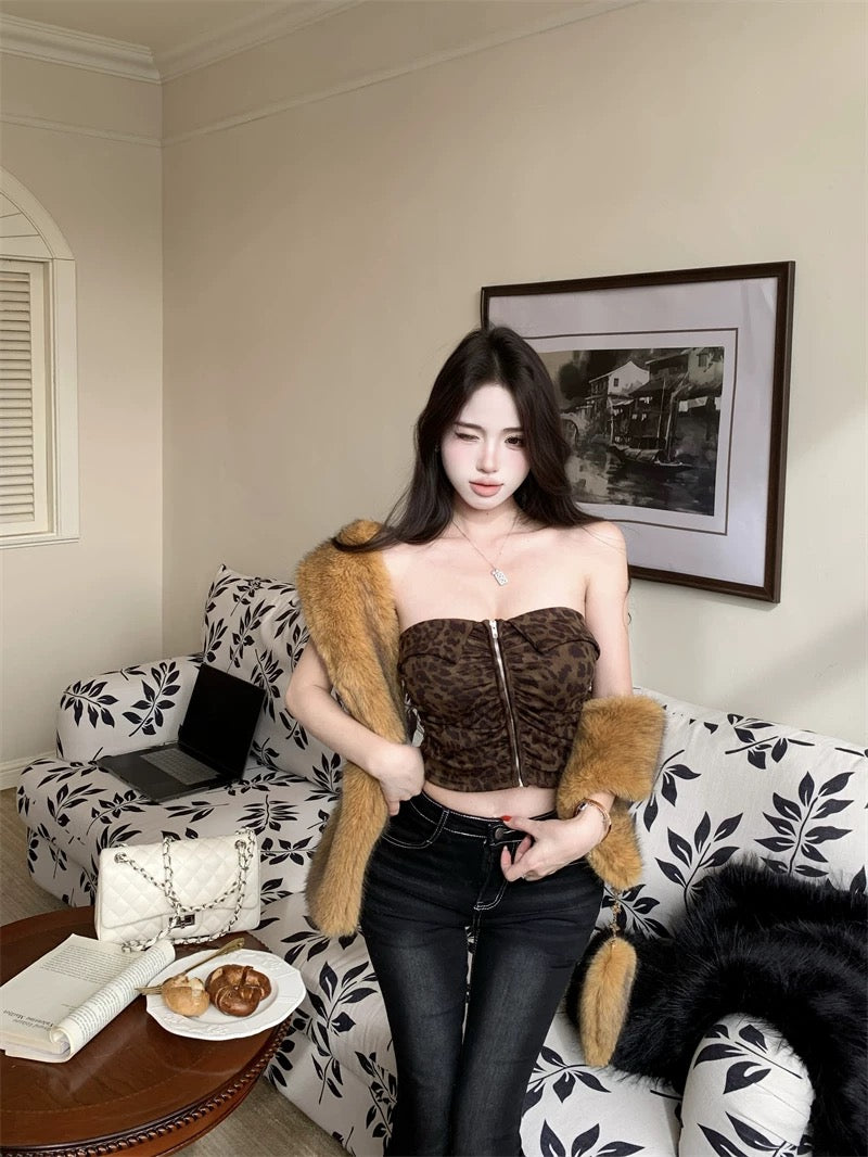 冬藏温柔 美式豹纹性感抹胸裹胸内搭上衣 Winter Softness · American Leopard Print Sexy Strapless Bandeau Top