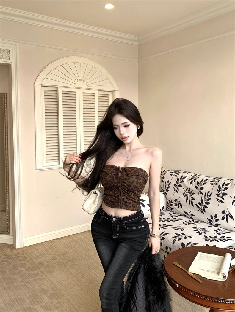 冬藏温柔 美式豹纹性感抹胸裹胸内搭上衣 Winter Softness · American Leopard Print Sexy Strapless Bandeau Top