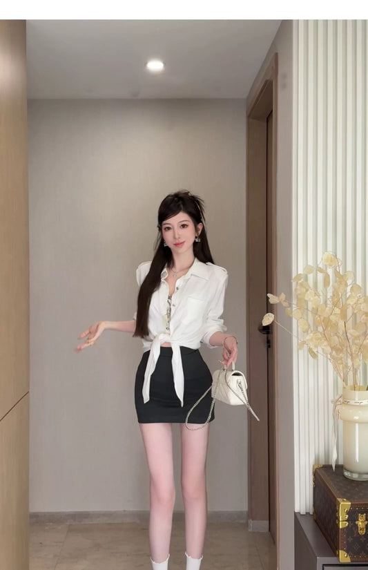 梵白衬衫 系绑长袖衬衫/短裙套装 Ivory White Shirt Tie-Up Long Sleeve Shirt / Skirt Set