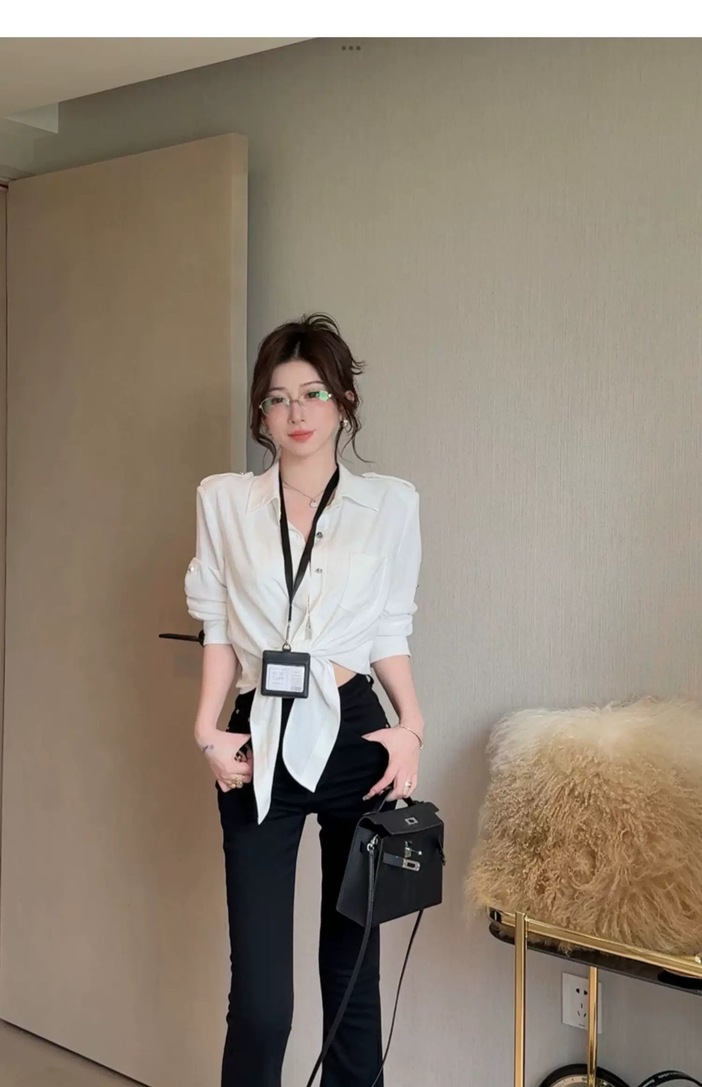 梵白衬衫 系绑长袖衬衫/短裙套装 Ivory White Shirt Tie-Up Long Sleeve Shirt / Skirt Set