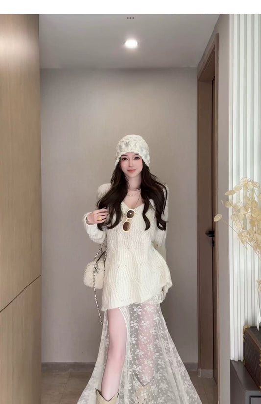 蕾丝柔影 蕾丝包臀花边鱼尾半裙/毛衣 Lace Soft Silhouette – Lace Bodycon Fishtail Hem Skirt / Sweater