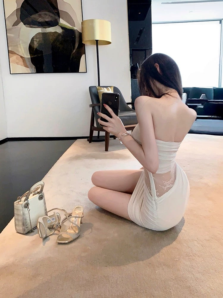 初恋白月光 褶皱镂空蕾丝包臀连衣裙  First Love White Moonlight Ruched Lace Cutout Bodycon Dress