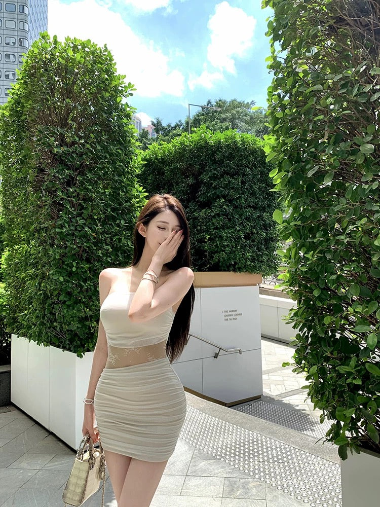 初恋白月光 褶皱镂空蕾丝包臀连衣裙  First Love White Moonlight Ruched Lace Cutout Bodycon Dress