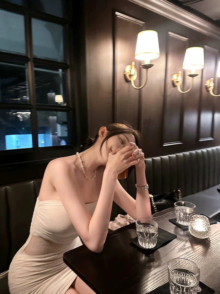 初恋白月光 褶皱镂空蕾丝包臀连衣裙  First Love White Moonlight Ruched Lace Cutout Bodycon Dress