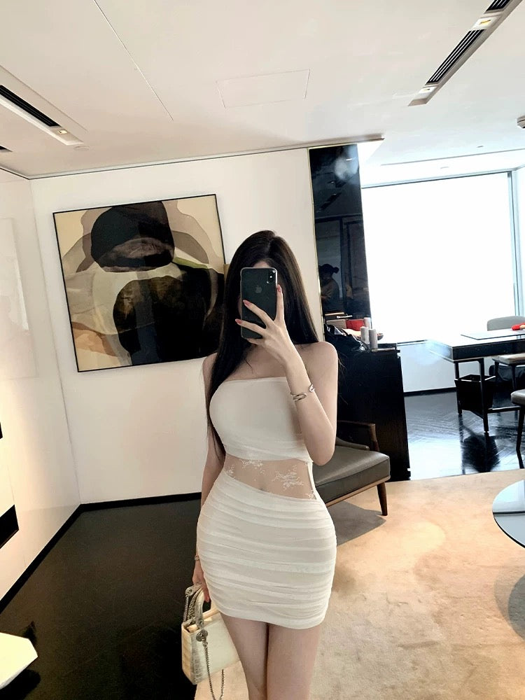 初恋白月光 褶皱镂空蕾丝包臀连衣裙  First Love White Moonlight Ruched Lace Cutout Bodycon Dress