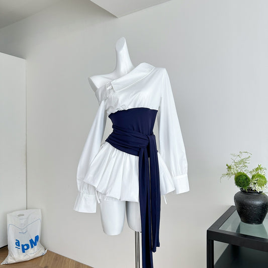 世京欧尼 韩系气质斜肩衬衫+半裙套装 Se-Kyung Unnie Korean-Style Off-Shoulder Shirt & Skirt Set