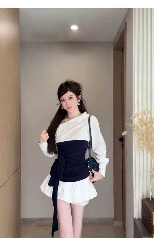世京欧尼 韩系气质斜肩衬衫+半裙套装 Se-Kyung Unnie Korean-Style Off-Shoulder Shirt & Skirt Set