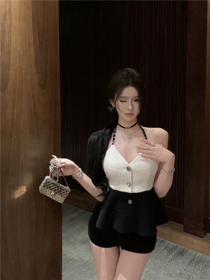 夏沐轻风 撞色v领毛呢挂脖上衣 Summer Breeze Bath · Color-Block V-Neck Halter Knit Top