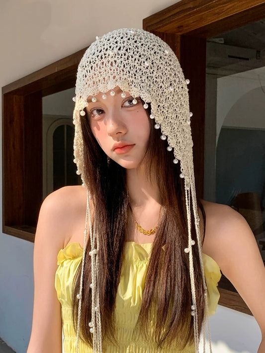 米亚的风 珍珠流苏手工钩花头饰帽子 Mia’s Breeze Handmade Crochet Floral Headpiece Hat with Pearl Tassels