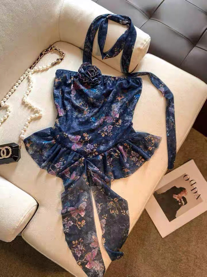 花花蝴蝶 花朵印花抹胸上衣层次感半裙套装 Floral Butterfly · Flower Print Strapless Top & Layered Skirt Set