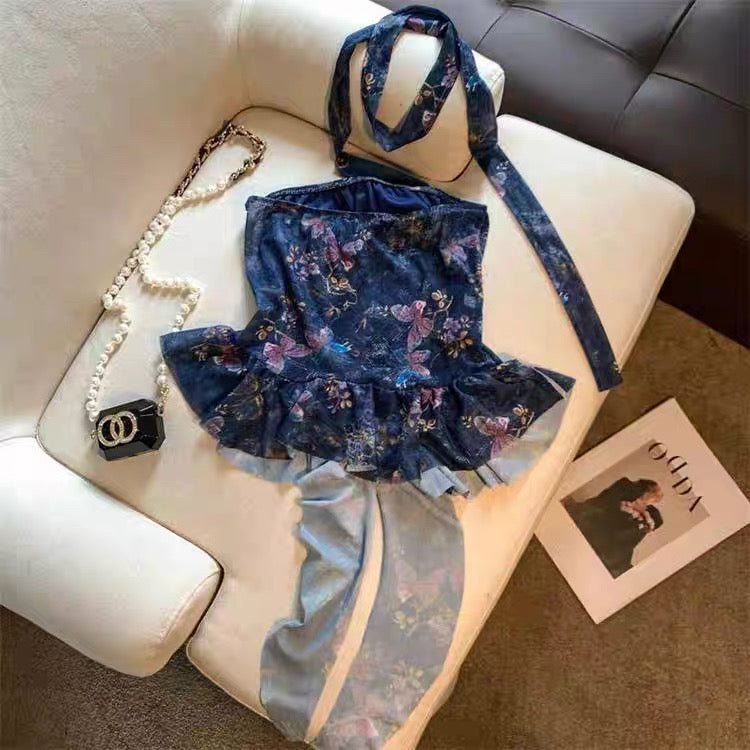 花花蝴蝶 花朵印花抹胸上衣层次感半裙套装 Floral Butterfly · Flower Print Strapless Top & Layered Skirt Set