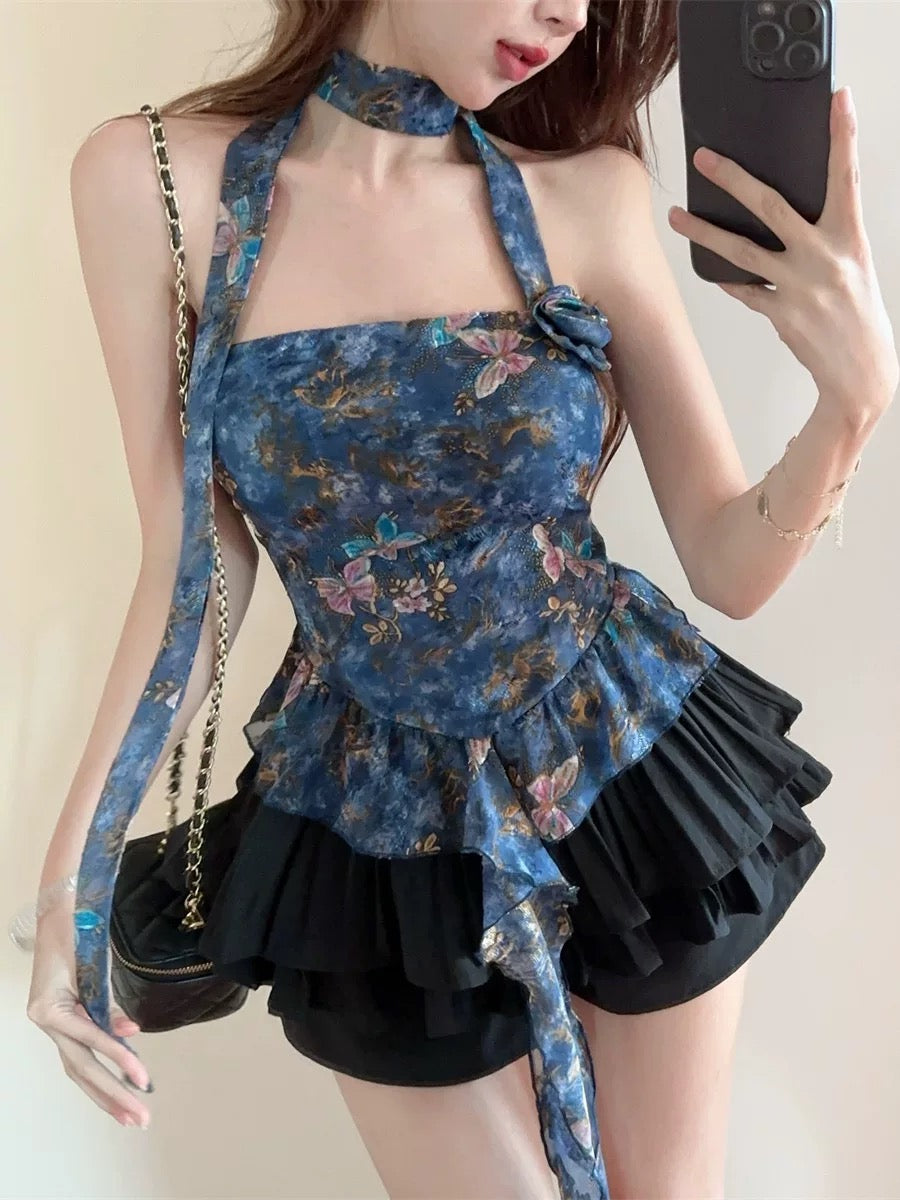 花花蝴蝶 花朵印花抹胸上衣层次感半裙套装 Floral Butterfly · Flower Print Strapless Top & Layered Skirt Set