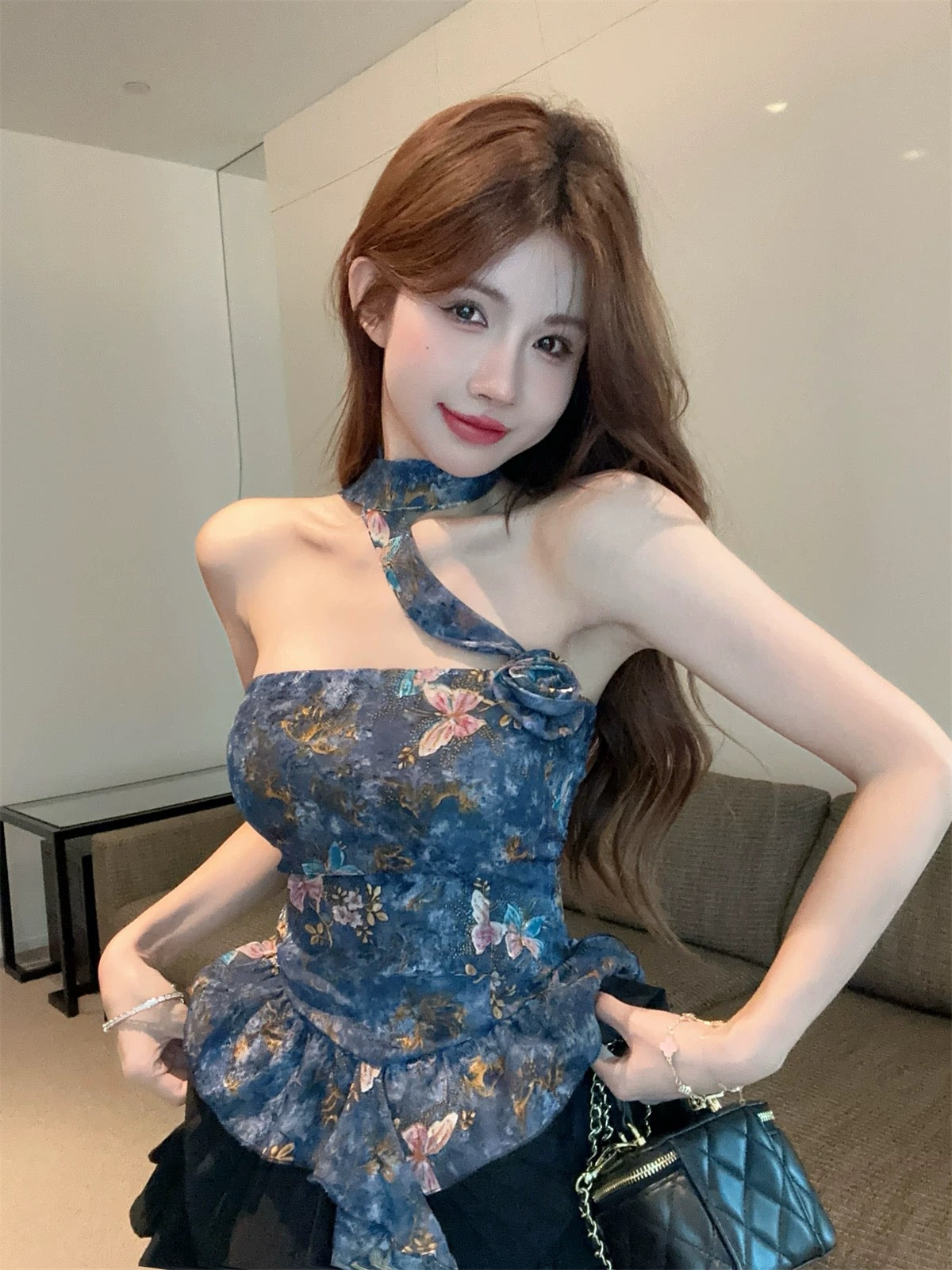 花花蝴蝶 花朵印花抹胸上衣层次感半裙套装 Floral Butterfly · Flower Print Strapless Top & Layered Skirt Set