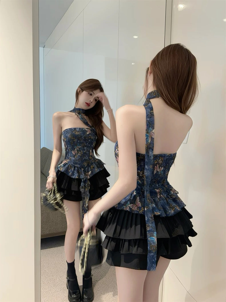 花花蝴蝶 花朵印花抹胸上衣层次感半裙套装 Floral Butterfly · Flower Print Strapless Top & Layered Skirt Set