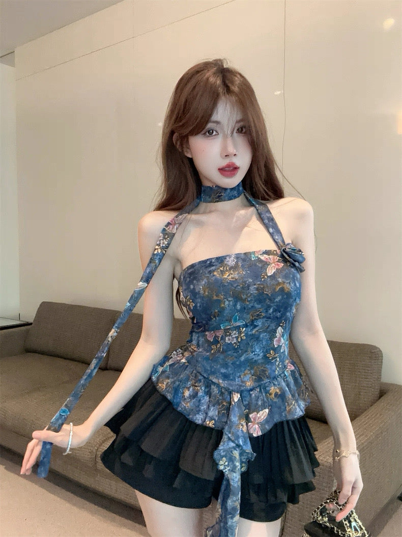 花花蝴蝶 花朵印花抹胸上衣层次感半裙套装 Floral Butterfly · Flower Print Strapless Top & Layered Skirt Set