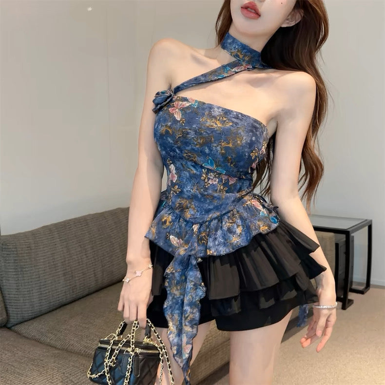 花花蝴蝶 花朵印花抹胸上衣层次感半裙套装 Floral Butterfly · Flower Print Strapless Top & Layered Skirt Set