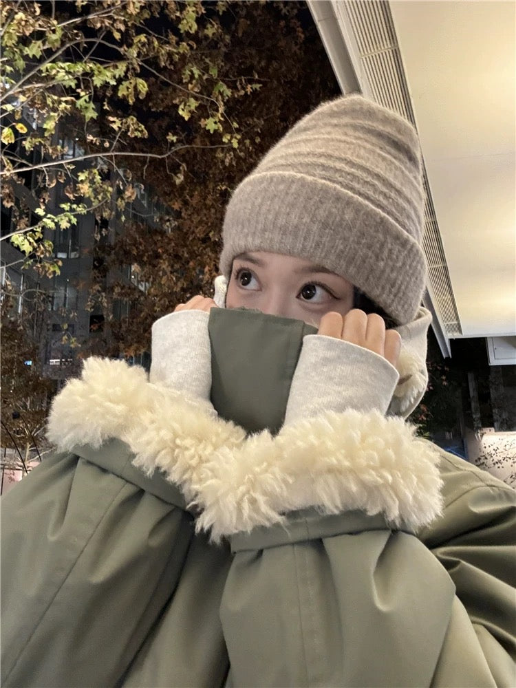 明星日记 秋冬军绿色羊羔毛冲锋衣羽绒服 Celebrity Diary Army Green Shearling-Lined Parka Down Jacket