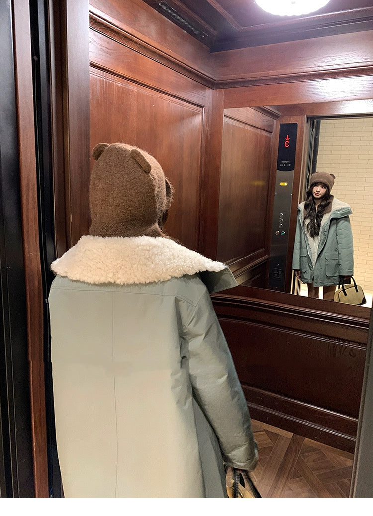 明星日记 秋冬军绿色羊羔毛冲锋衣羽绒服 Celebrity Diary Army Green Shearling-Lined Parka Down Jacket