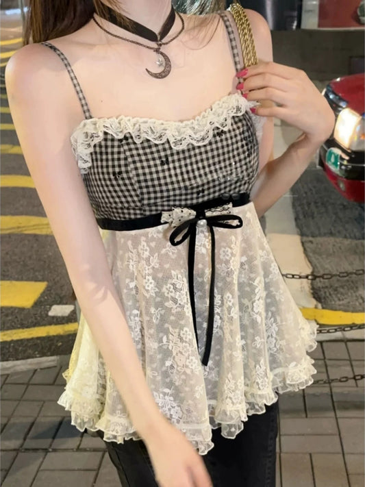 心动恋人 格子蕾丝吊带上衣+开衫套装 Heartthrob Lover · Plaid Lace Camisole & Cardigan Set