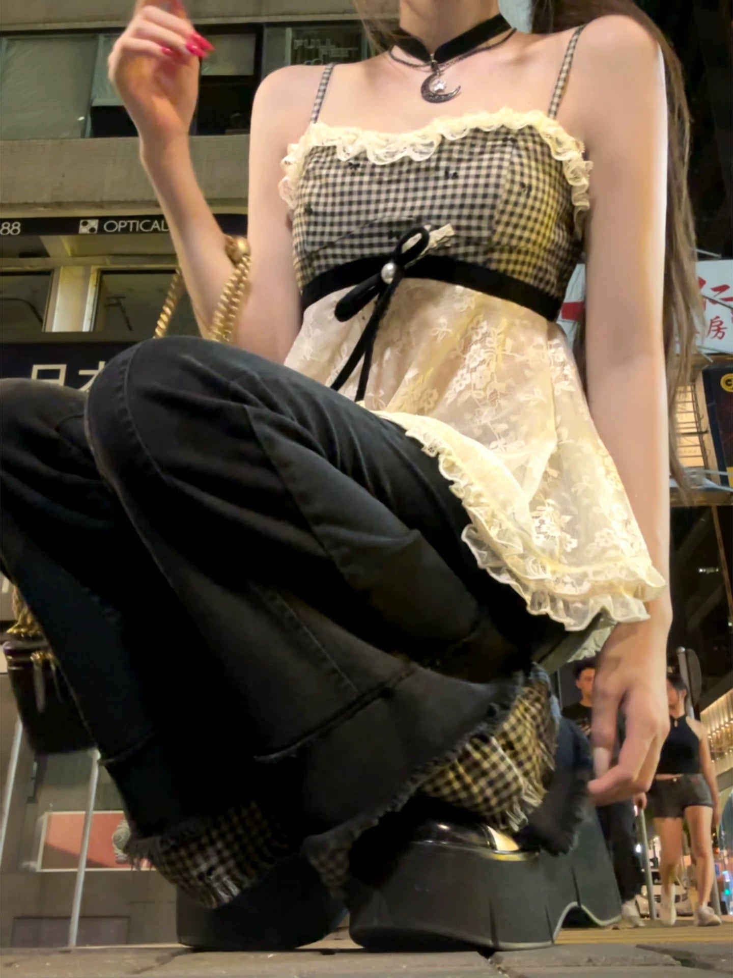 心动恋人 格子蕾丝吊带上衣+开衫套装 Heartthrob Lover · Plaid Lace Camisole & Cardigan Set