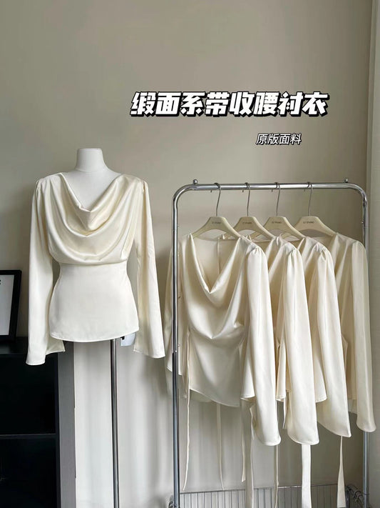 清欲香槟 荡领缎面泡泡袖衬衫上衣 Champagne Satin Cowl Neck Puff Sleeve Blouse