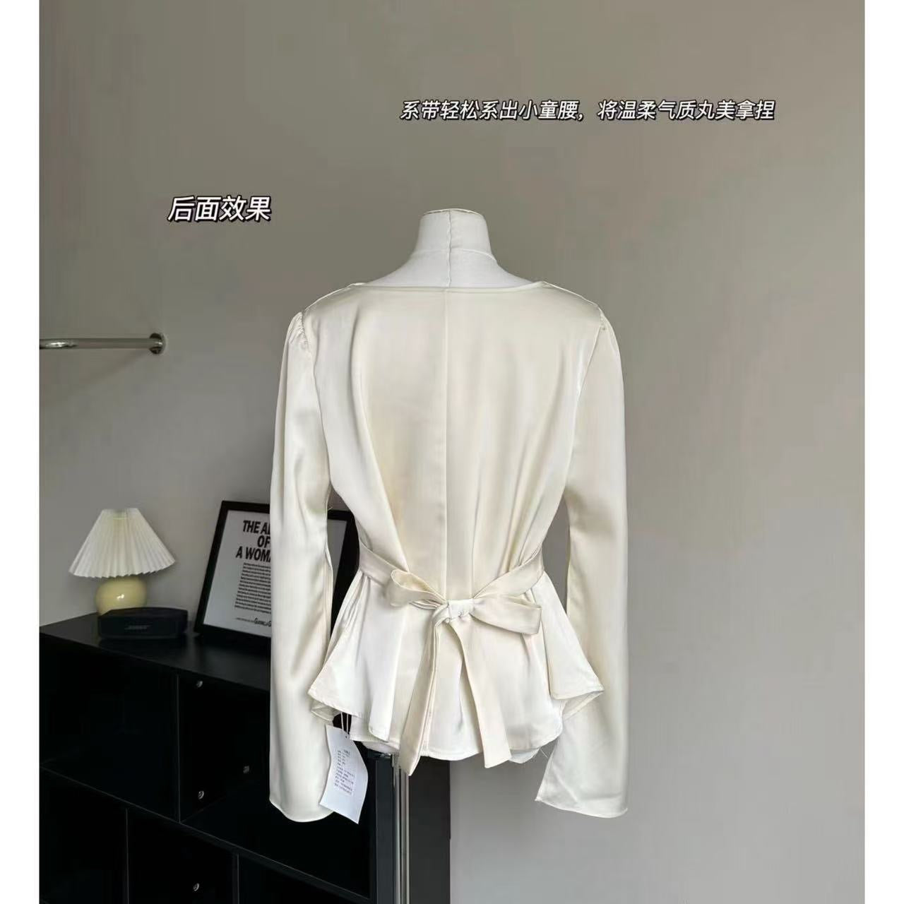 清欲香槟 荡领缎面泡泡袖衬衫上衣 Champagne Satin Cowl Neck Puff Sleeve Blouse