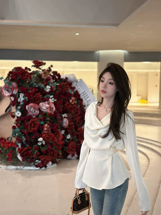 清欲香槟 荡领缎面泡泡袖衬衫上衣 Champagne Satin Cowl Neck Puff Sleeve Blouse