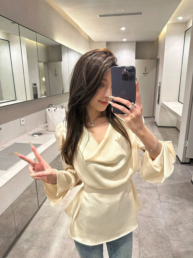 清欲香槟 荡领缎面泡泡袖衬衫上衣 Champagne Satin Cowl Neck Puff Sleeve Blouse