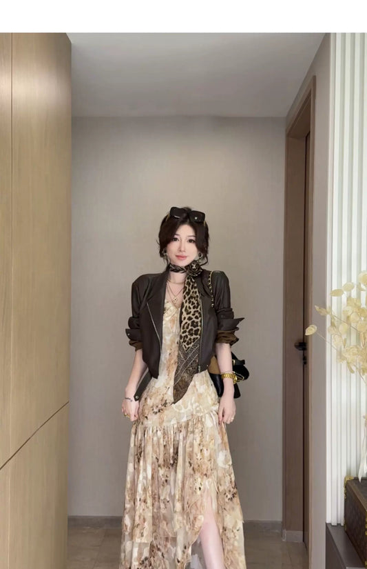 金珀花影 复古晕染碎花皮衣套装连衣裙 Golden Amber Floral Shadow Vintage Gradient Floral Faux Leather Jacket & Dress Set