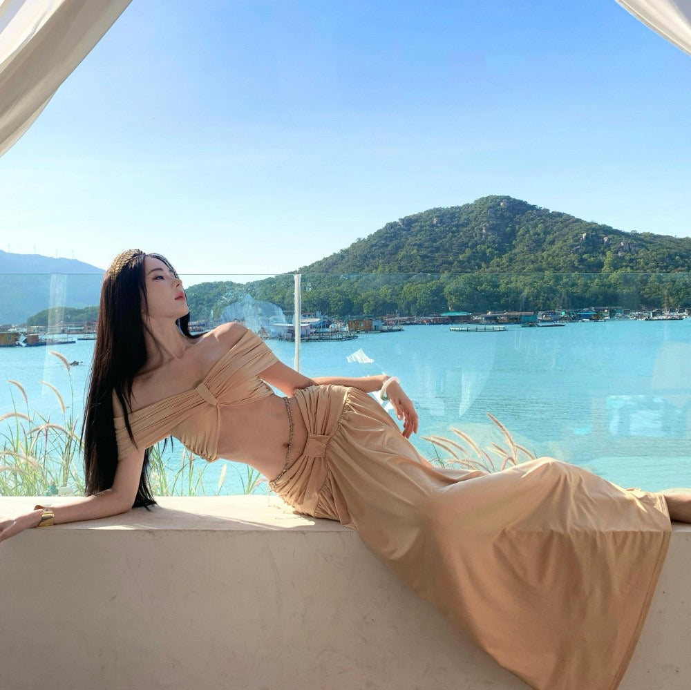 暮光之吻 法式复古一字肩礼服长裙套装 Twilight Kiss · French Vintage Off-Shoulder Gown Set