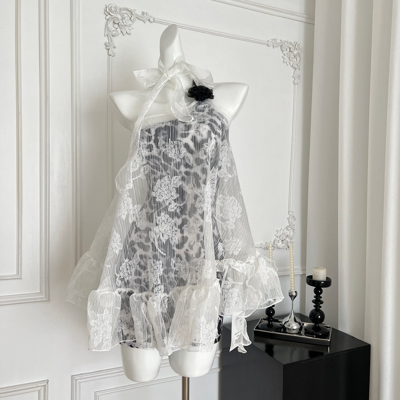 私藏信箱 蕾丝飘带罩衫豹纹连衣裙 Secret Mailbox Lace Ribbon Cover-Up Leopard Print Dress