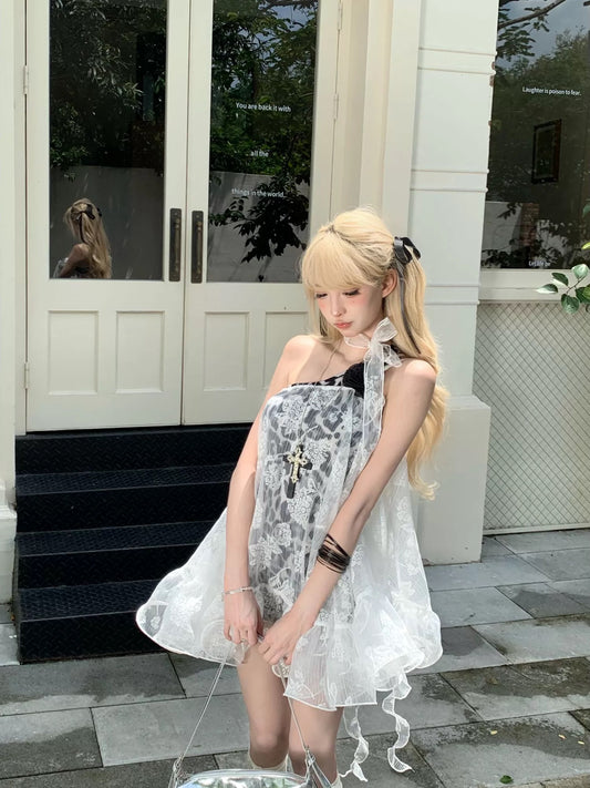 私藏信箱 蕾丝飘带罩衫豹纹连衣裙 Secret Mailbox Lace Ribbon Cover-Up Leopard Print Dress