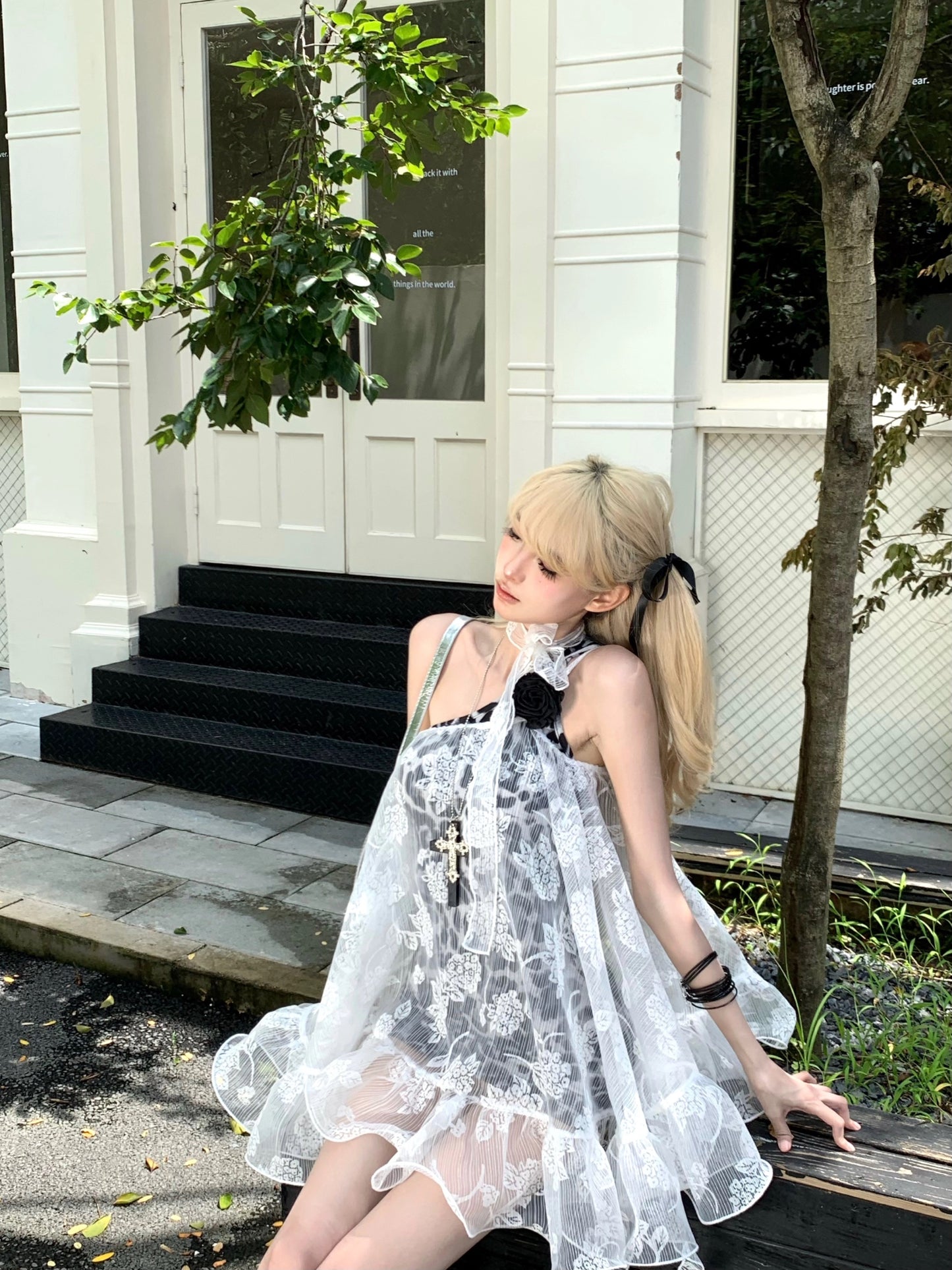 私藏信箱 蕾丝飘带罩衫豹纹连衣裙 Secret Mailbox Lace Ribbon Cover-Up Leopard Print Dress