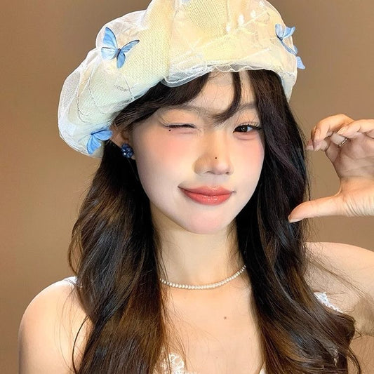 亭亭玉立 蝴蝶立体网纱贝雷帽 Graceful Beret with 3D Butterfly and Sheer Mesh Design