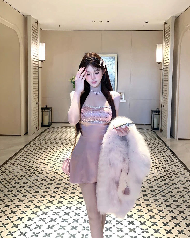 流光幻梦 粉色水钻吊带连衣裙 Luminous Dream · Pink Rhinestone Camisole Dress