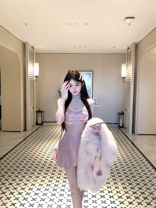 流光幻梦 粉色水钻吊带连衣裙 Luminous Dream · Pink Rhinestone Camisole Dress