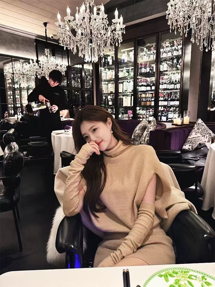 韩系千金 纯秋冬斗篷型针织连衣裙 Korean Elegant Solid Color Cape-Style Knit Dress