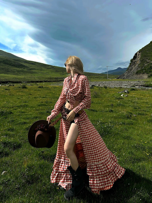 红格猎手 大裙摆红格裙印花套装 Red Plaid Hunter Flared Skirt Print Set