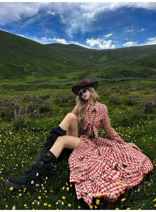 红格猎手 大裙摆红格裙印花套装 Red Plaid Hunter Flared Skirt Print Set